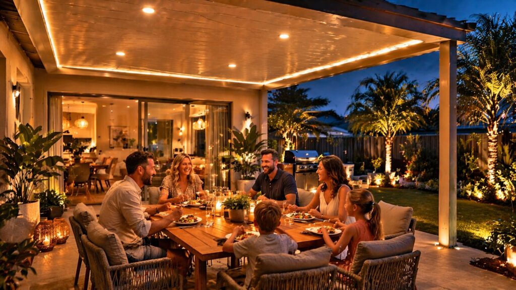 Warmly lit outdoor patio at night with people enjoying a comfortable and stylish entertaining space.
