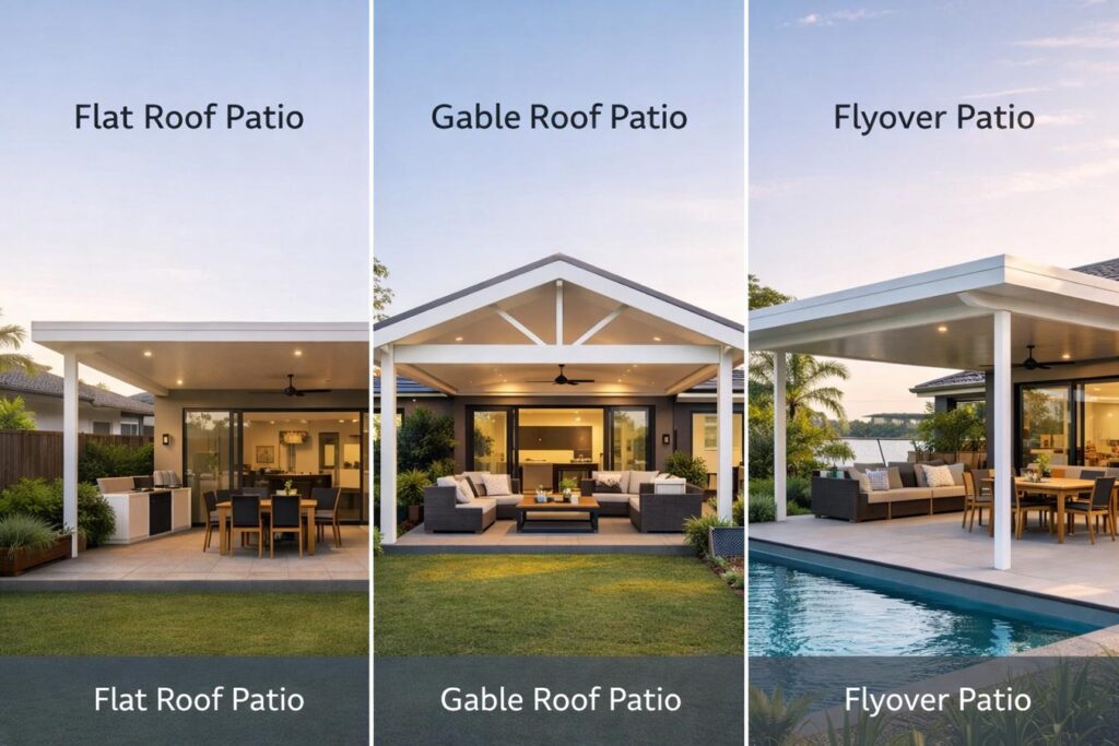 Three different patio designs including flat roof, gable roof, and flyover styles on modern homes.