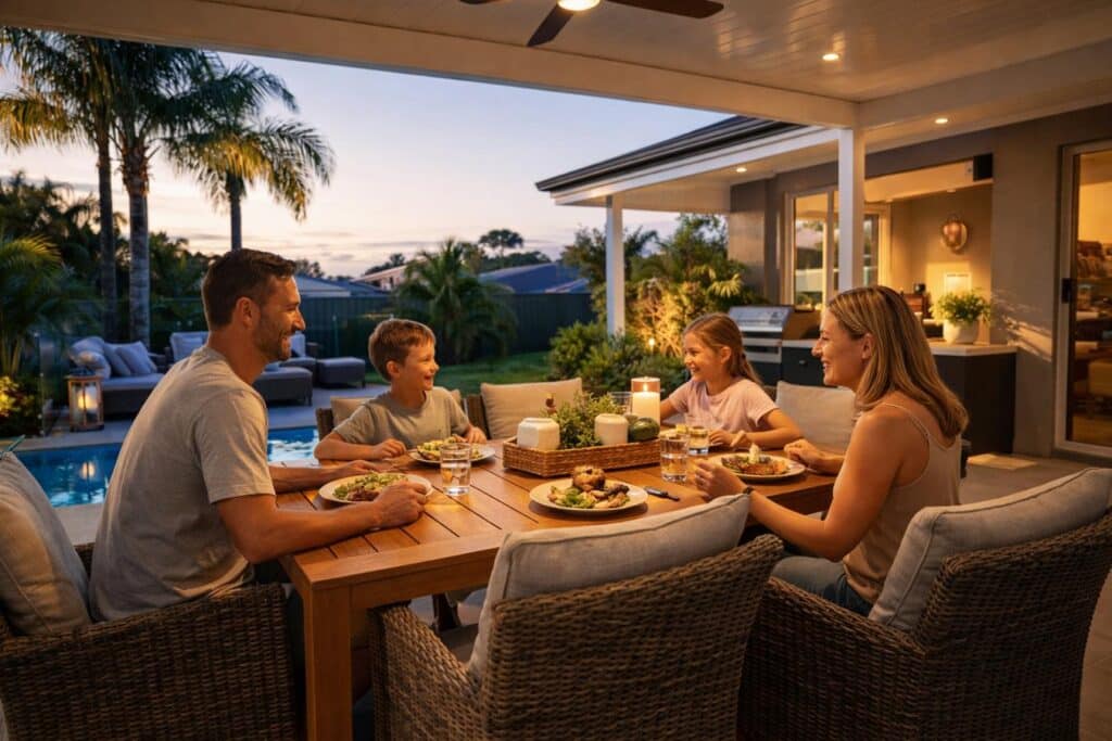 Family sitting together under a covered patio enjoying a meal in a comfortable outdoor space.