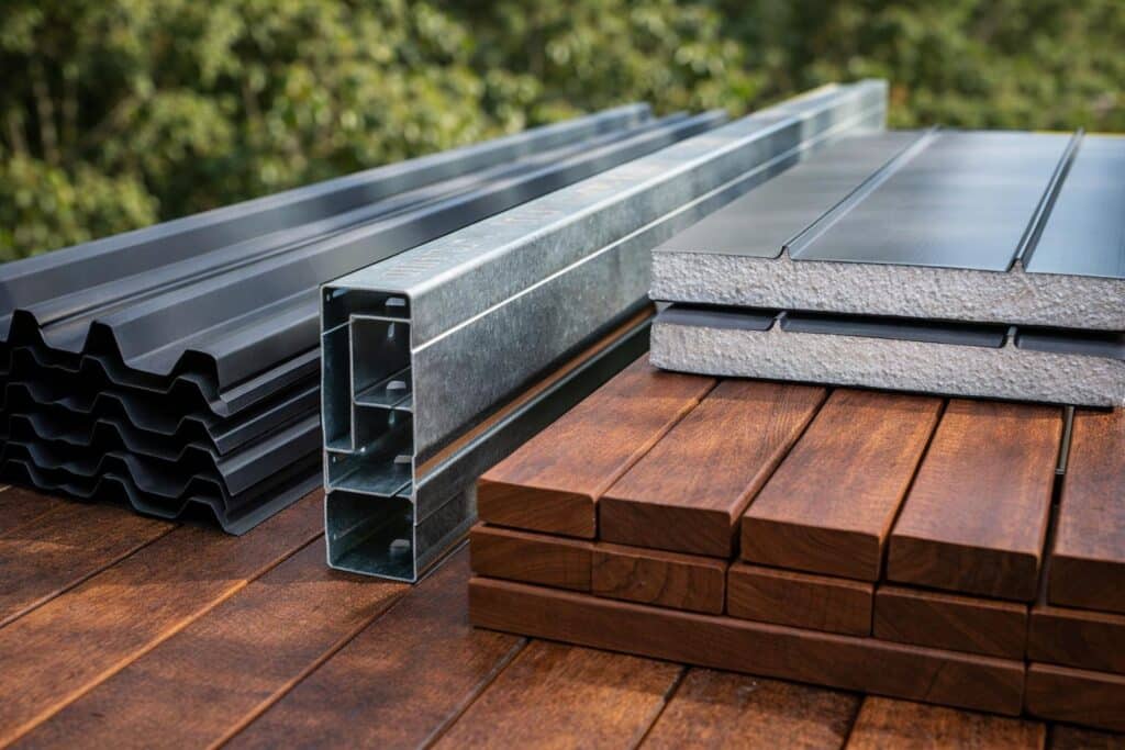 Close-up view of durable patio materials including steel framing, insulated roofing, and timber decking.