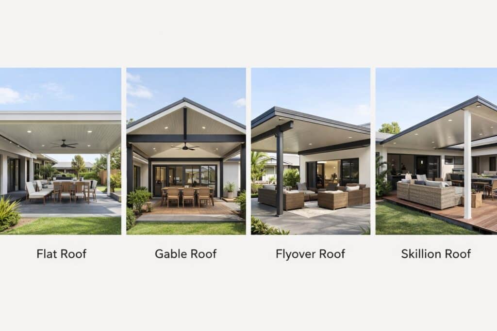 Visual comparison of four patio roof styles including flat, gable, flyover, and skillion designs.