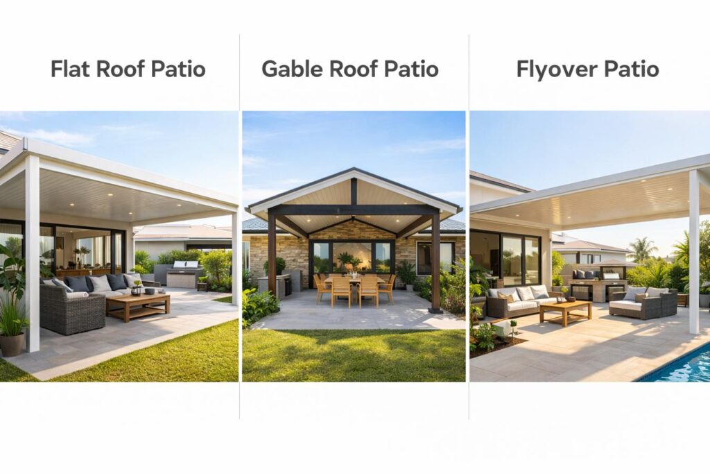 Comparison of three patio styles including flat roof, gable roof, and flyover designs on modern homes.