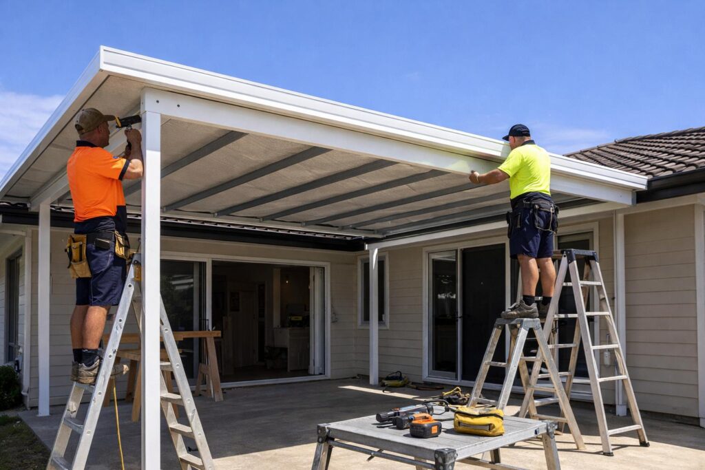 Builders installing an insulated patio roof, showing the construction process and structural framework.