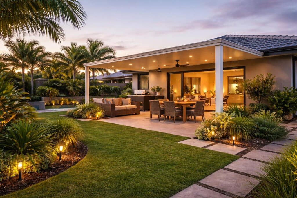 Finished patio design enhancing the appearance and value of a modern home.