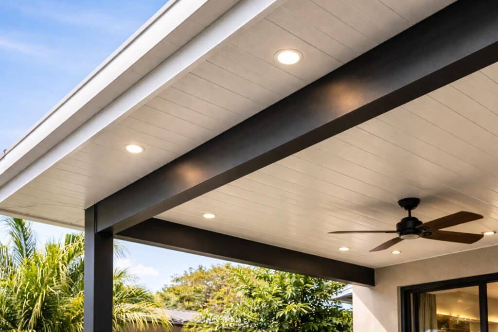 Close-up of insulated patio roofing and steel structure highlighting durable construction materials.