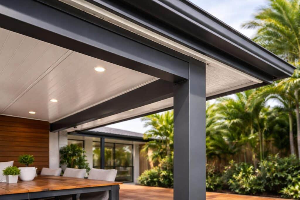 Detailed view of patio materials including insulated roofing, steel framing, and timber decking.