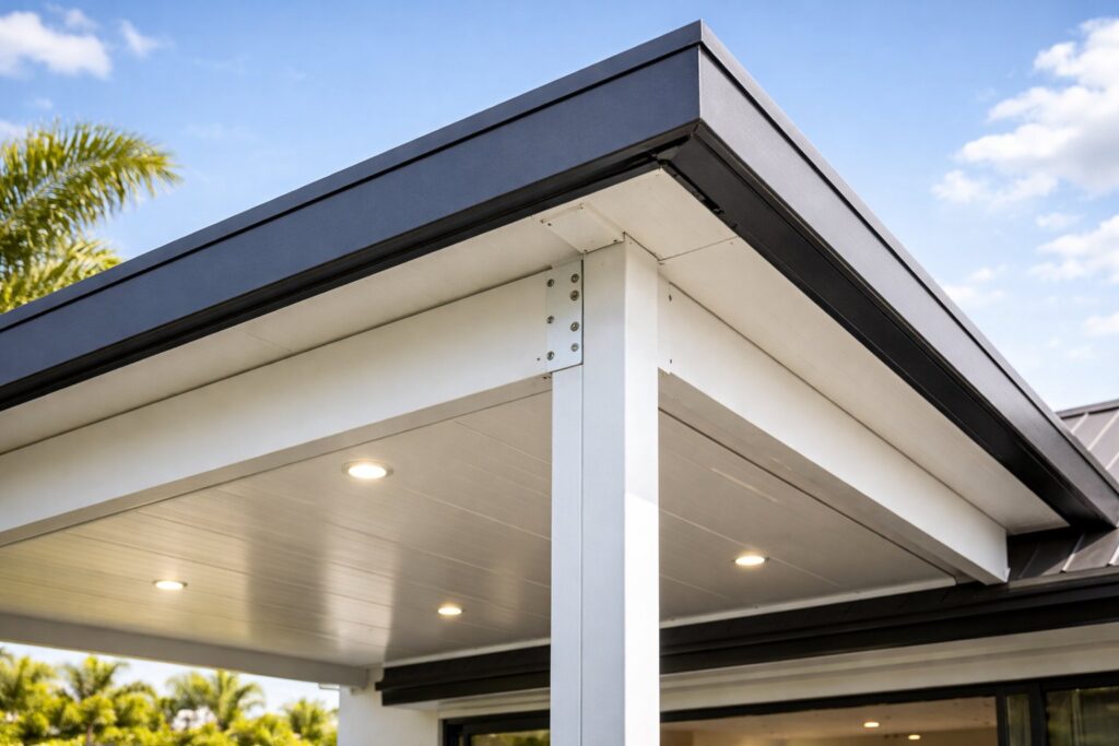 Detailed view of durable patio materials including steel roofing and aluminium framing used in modern outdoor structures.