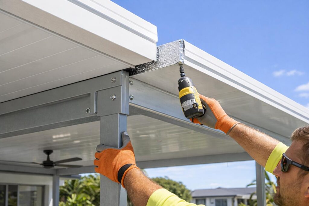 Close-up of insulated roofing panels and Colorbond steel structure being installed for a durable patio build.