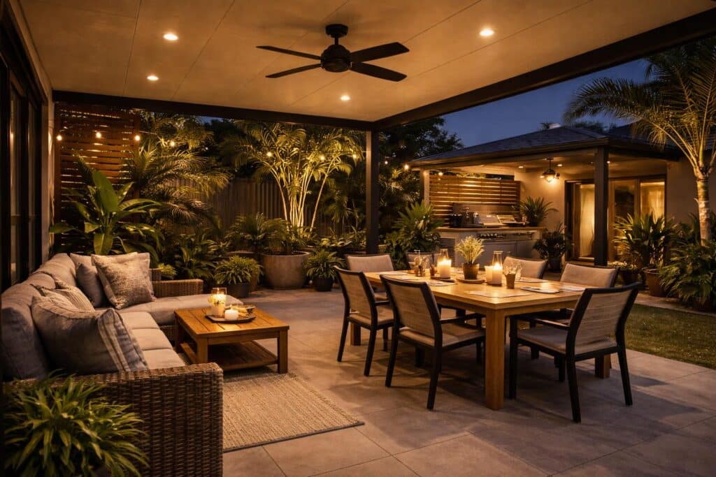 Warmly lit patio at night set up for outdoor dining, showcasing a comfortable and inviting entertaining space.