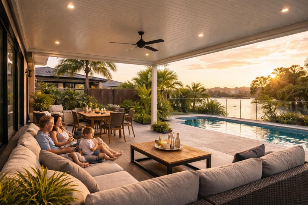 Family enjoying a comfortable outdoor patio space near a pool in a coastal-style home.