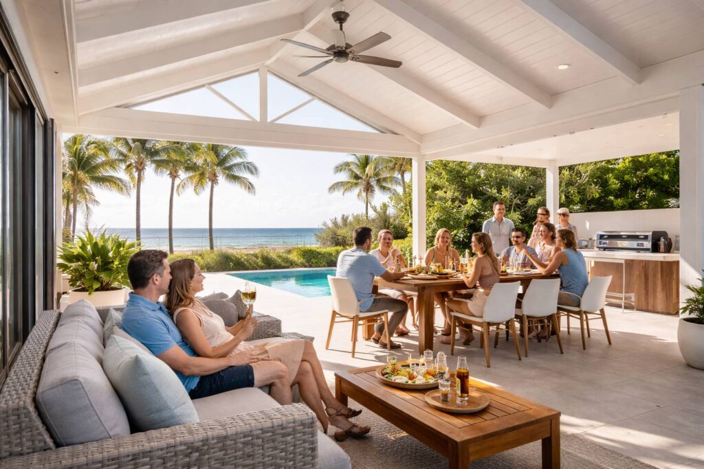 Friends and family enjoying an outdoor gathering under a spacious gabled patio at a coastal home.