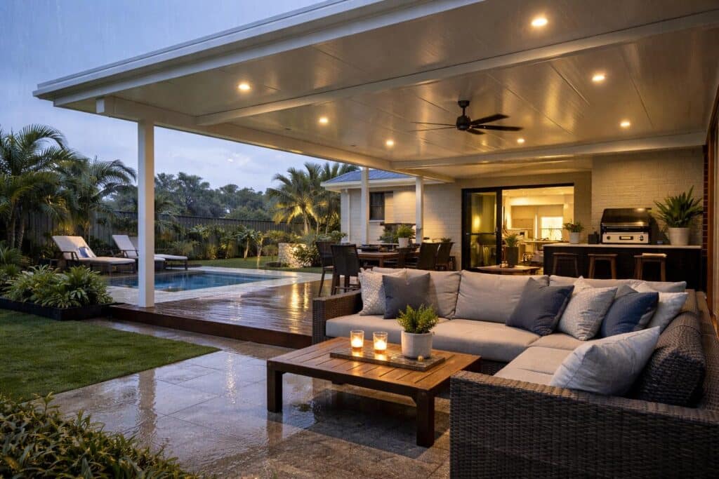 Finished patio providing shelter during rain, showing effective weather protection and a comfortable outdoor living area.