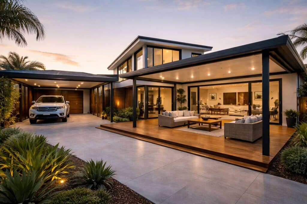 Completed outdoor area featuring an insulated patio with timber decking and integrated carport design.