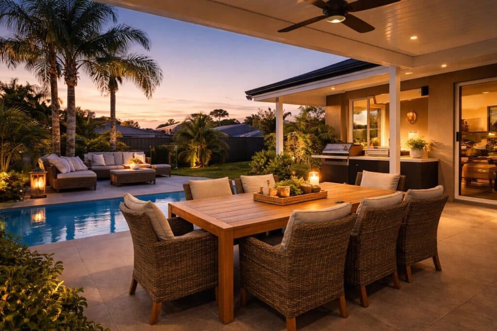 Completed patio with lighting at sunset creating a relaxing outdoor living space.