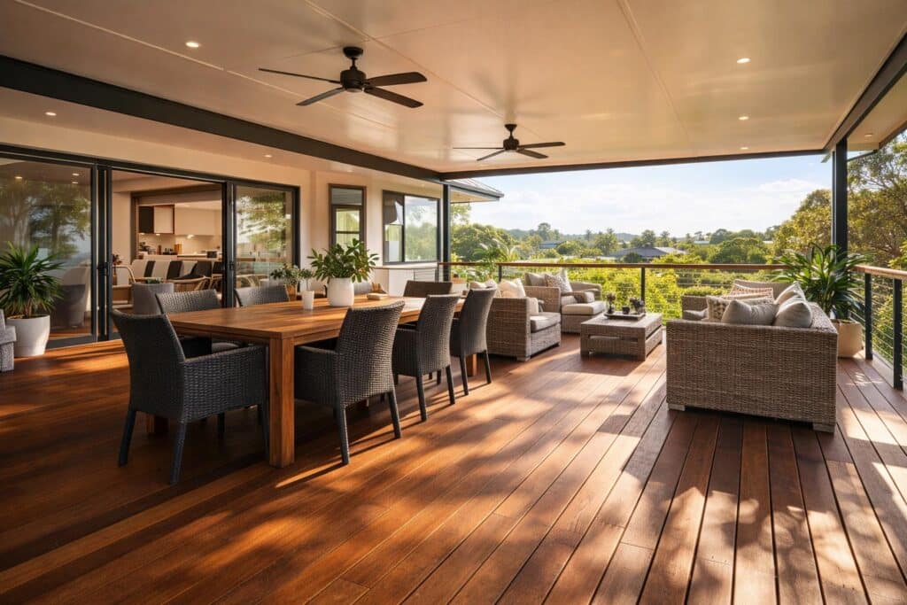 Completed outdoor patio with seating and dining area, designed for relaxing and entertaining.