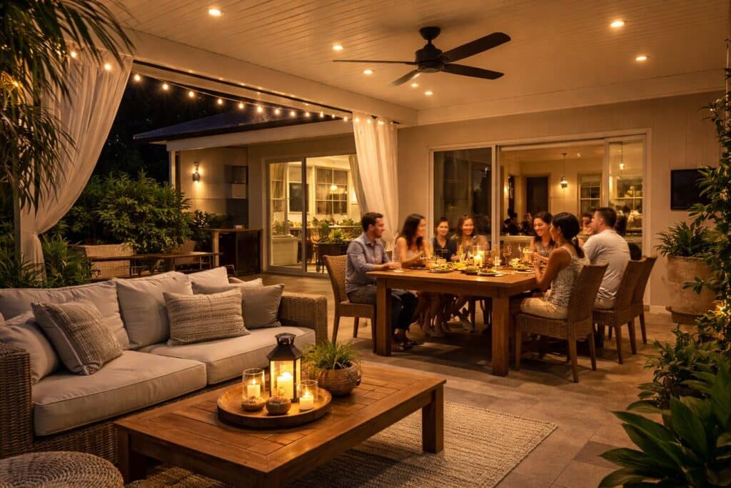 A cozy evening gathering under an insulated patio with lighting and comfortable seating.