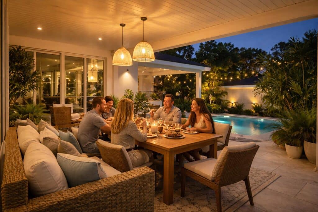 People enjoying dinner under a covered patio at night with warm lighting and a comfortable outdoor setting.
