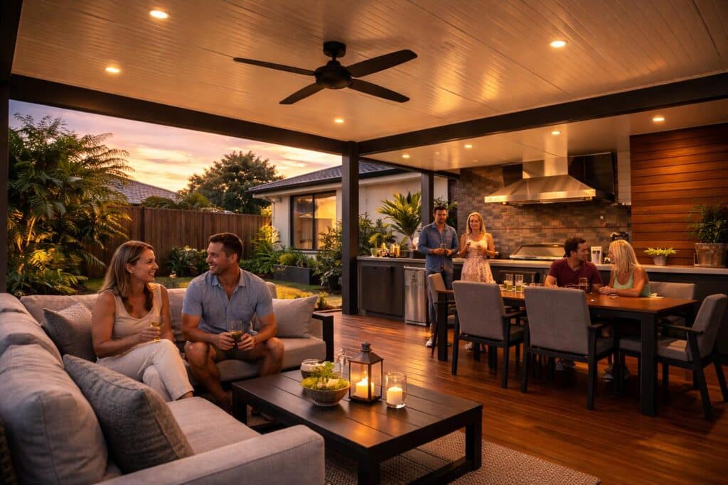 A cozy outdoor patio at sunset with warm lighting and people enjoying an evening gathering.