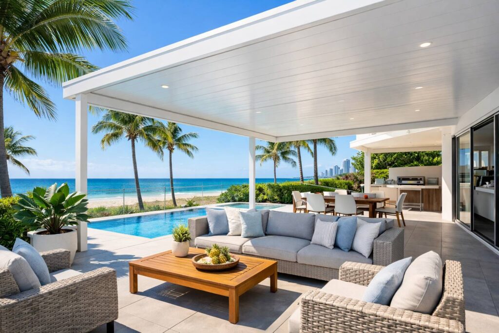 Modern coastal home in Surfers Paradise featuring a stylish insulated patio with outdoor seating and a relaxed beachside atmosphere.