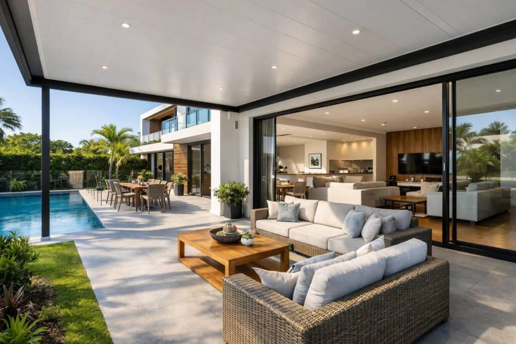 Modern Benowa home featuring a sleek insulated patio with comfortable outdoor seating and seamless indoor-outdoor flow.