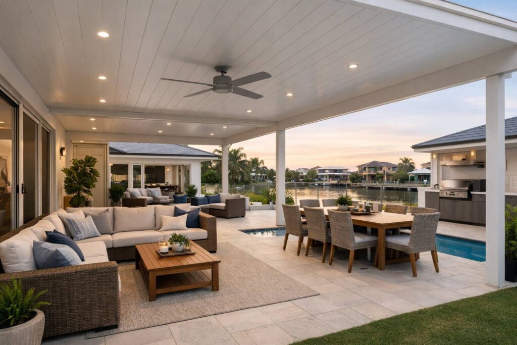 Modern insulated patio in a luxury Hope Island home with outdoor seating and dining area.