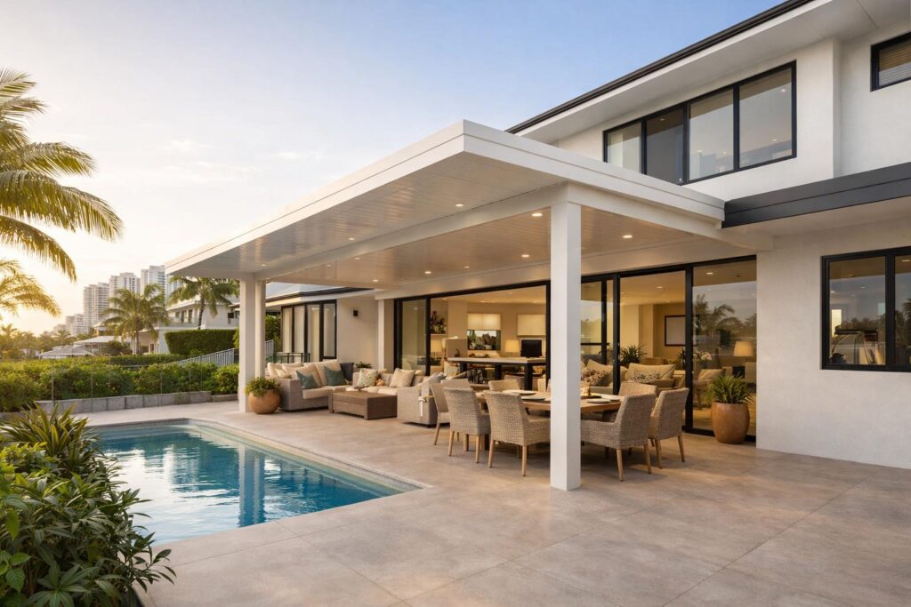 Custom patio design integrated seamlessly with a modern Main Beach home exterior.