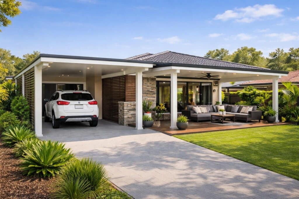 Modern house featuring a combined patio and carport structure with covered parking and outdoor seating.