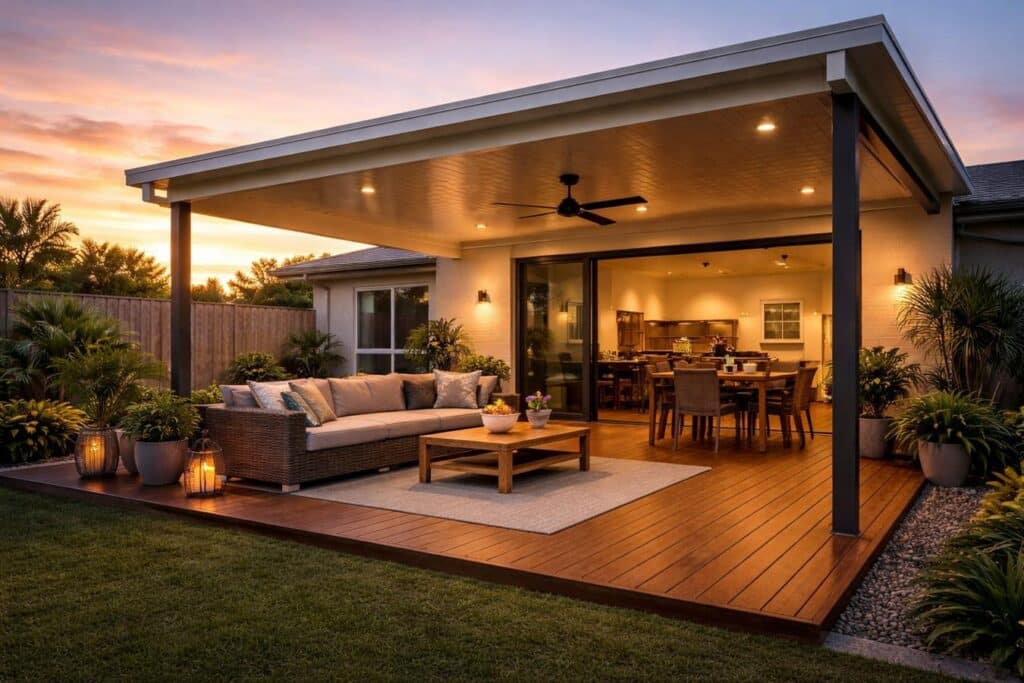 Completed outdoor patio at sunset with warm lighting and comfortable seating, highlighting a stylish and inviting living space.