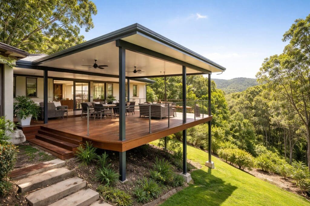 Modern insulated patio built on a sloped block in Worongary, featuring elevated decking and open outdoor views.