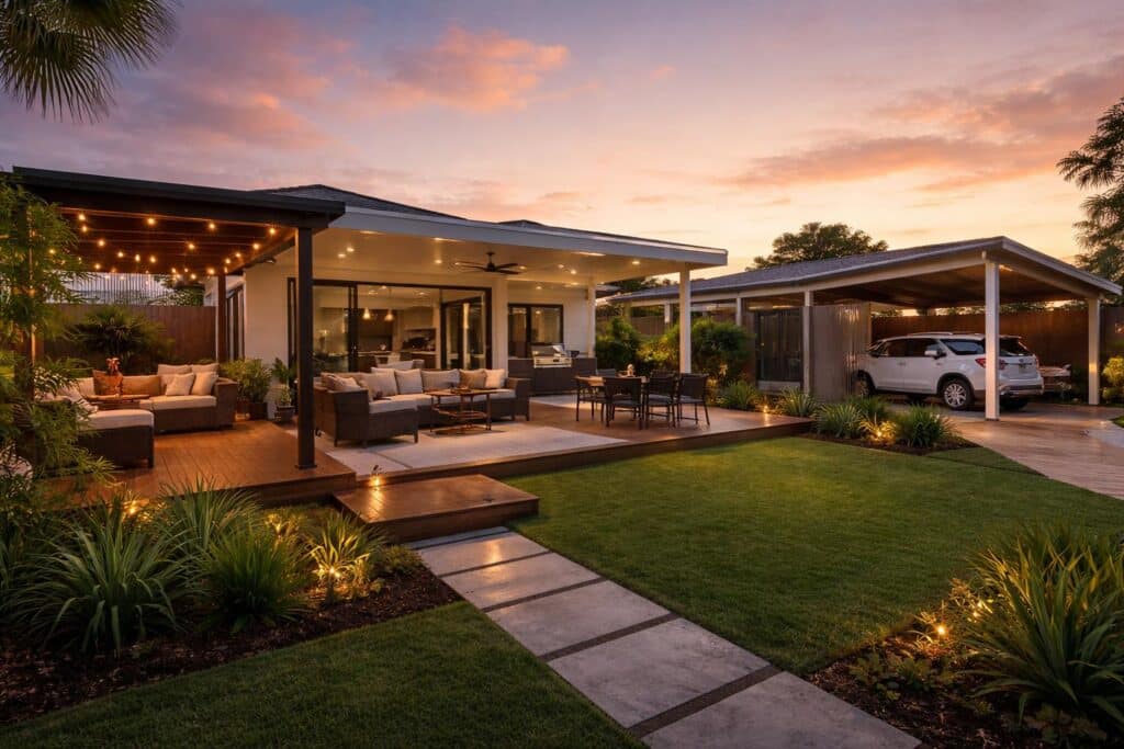 Fully completed outdoor living area with patio, deck, pergola, and carport.