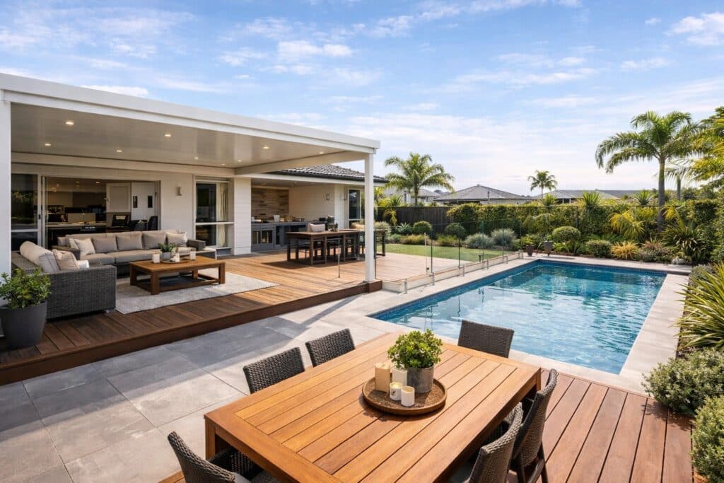 Completed outdoor living space with patio, decking, and pool area designed for relaxation and entertaining.