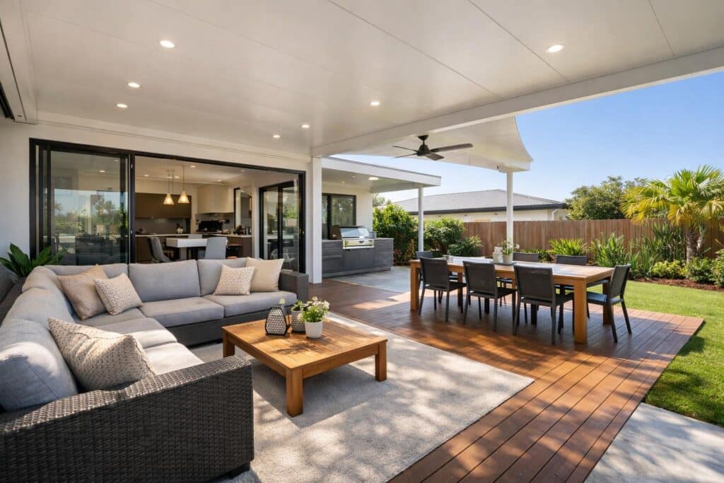 Modern insulated patio in Robina featuring outdoor seating and seamless indoor-outdoor living design.