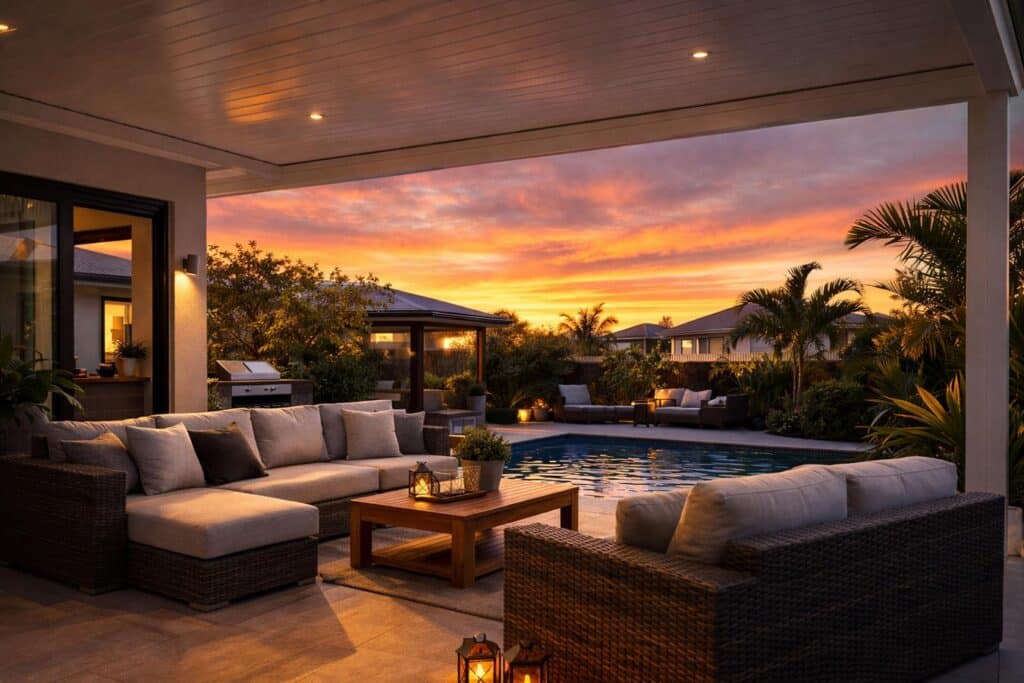 Finished patio with warm lighting and outdoor seating during sunset, creating a calm and inviting space.