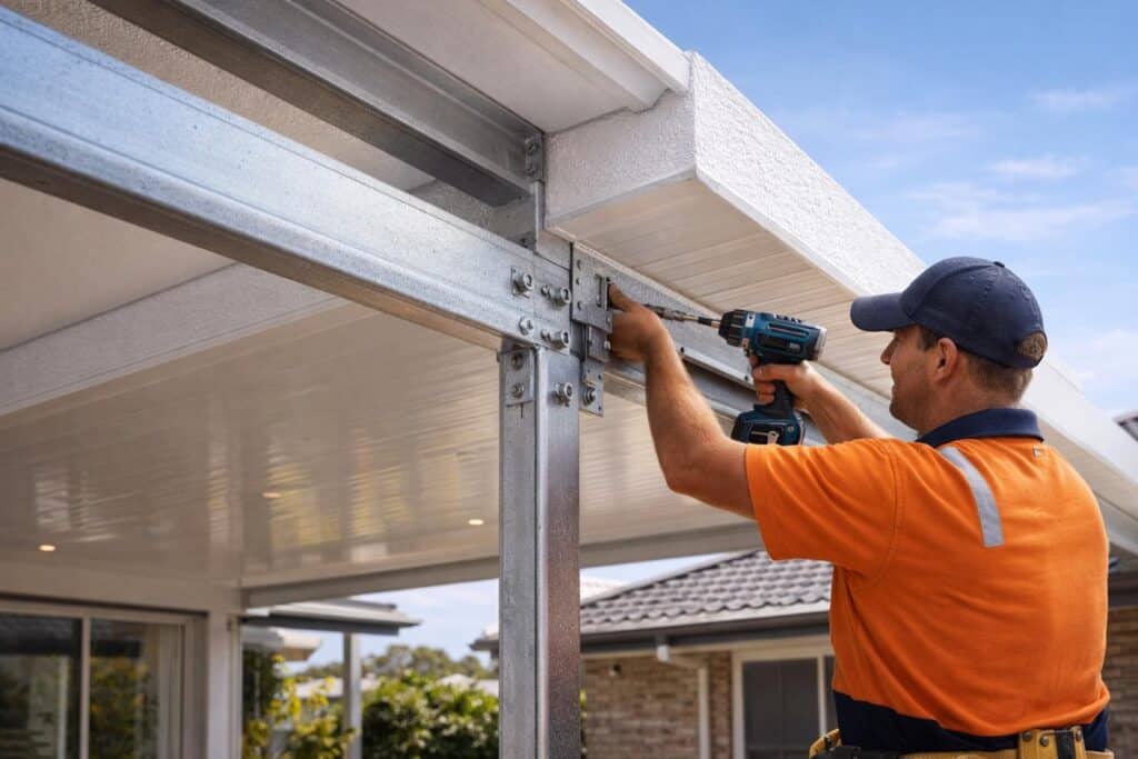 Close-up of insulated patio roofing and steel framework during professional construction.