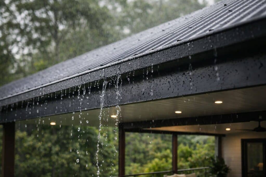 Close-up of Colorbond steel patio roofing showing rainwater runoff and durability in outdoor conditions.