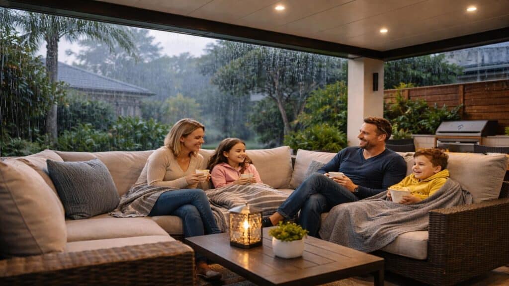 Family staying dry and comfortable under a covered patio while rain falls outside.