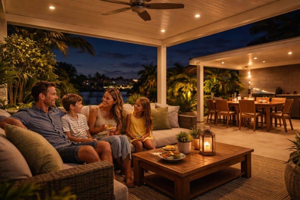 Family enjoying a cozy evening under a well-lit patio, highlighting comfort and extended outdoor living space.