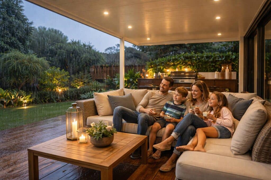 Family enjoying a covered patio during rainy weather, demonstrating year-round outdoor living comfort.