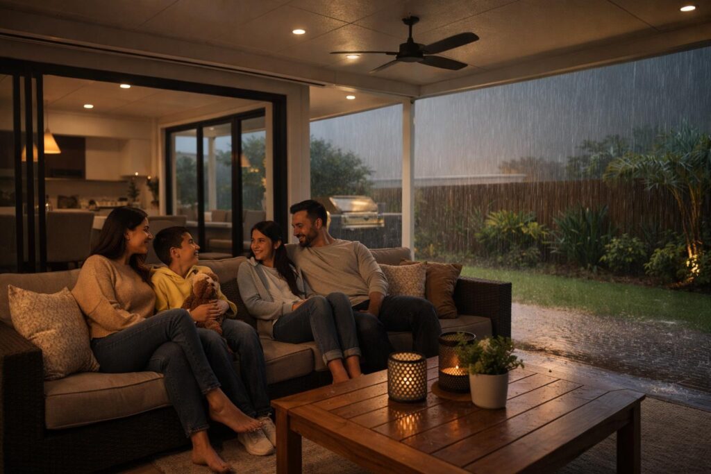 Family enjoying a dry and comfortable insulated patio during rainfall.
