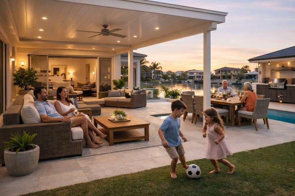 Family enjoying a comfortable outdoor patio space for dining and relaxation.