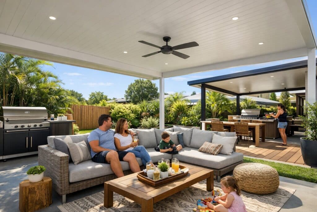 Family relaxing under a modern insulated patio in a Helensvale backyard with outdoor furniture and BBQ setup.