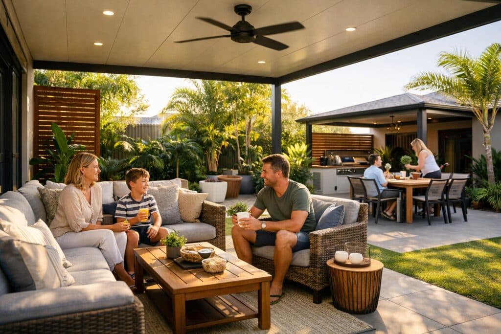 Modern insulated patio in an Arundel home with outdoor seating and a family enjoying a comfortable backyard space.