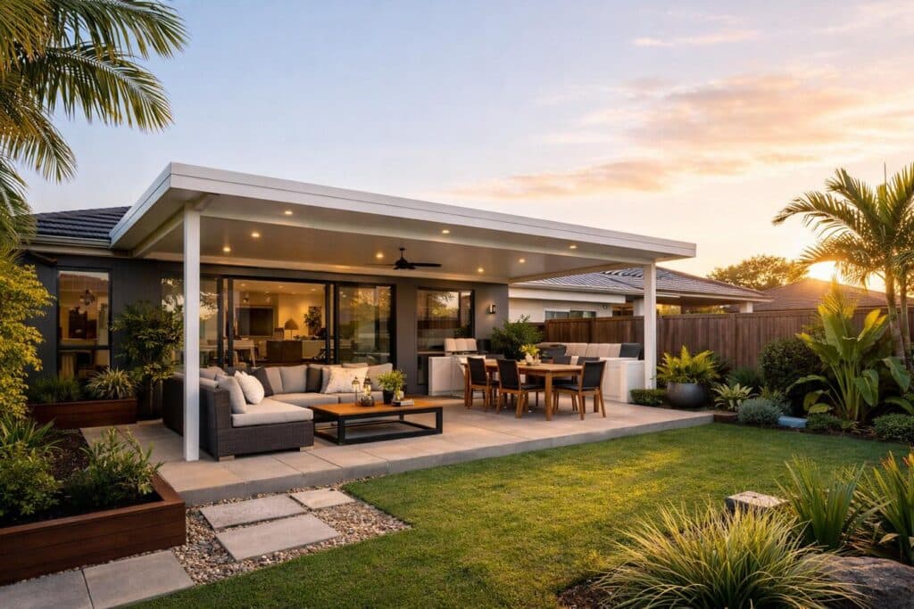 Modern Bundall home with a stylish insulated patio and outdoor seating area in a sunny backyard.