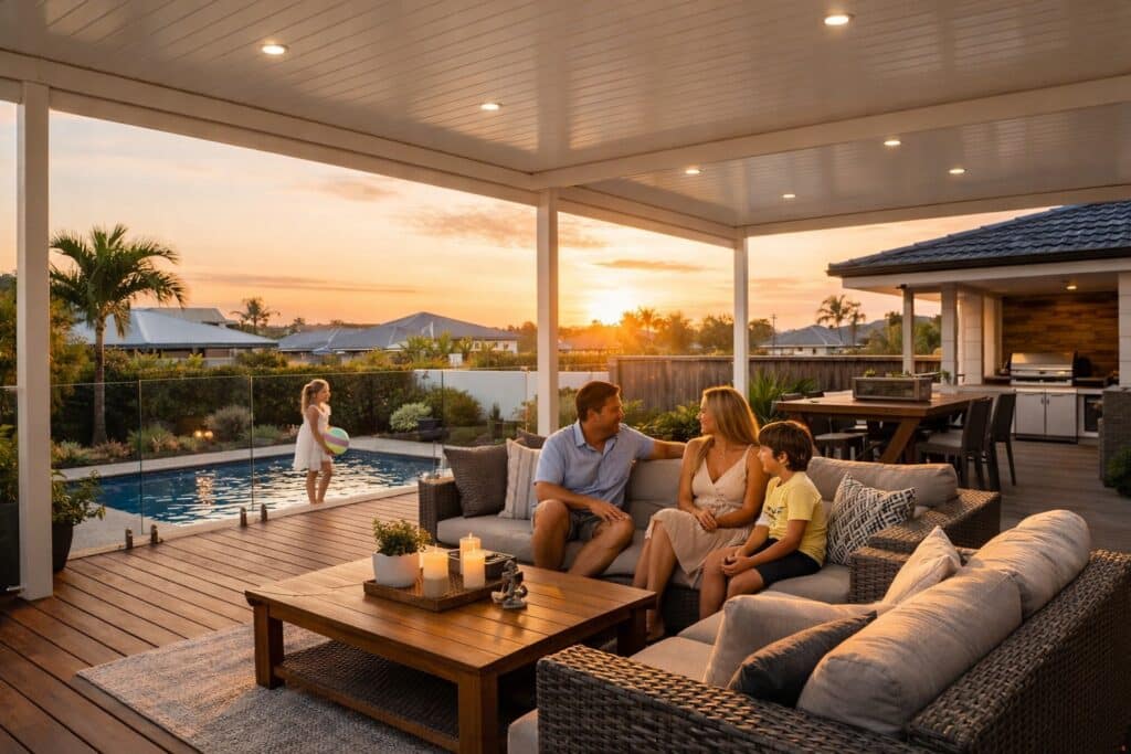 Modern insulated patio in Carrara with outdoor seating, showing a comfortable and stylish backyard living space at sunset.
