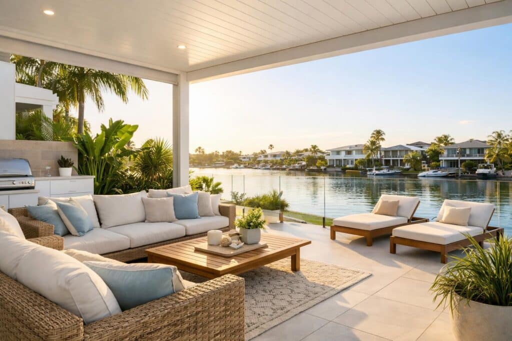 Modern waterfront patio with comfortable seating and ocean views, designed for relaxing outdoor living.