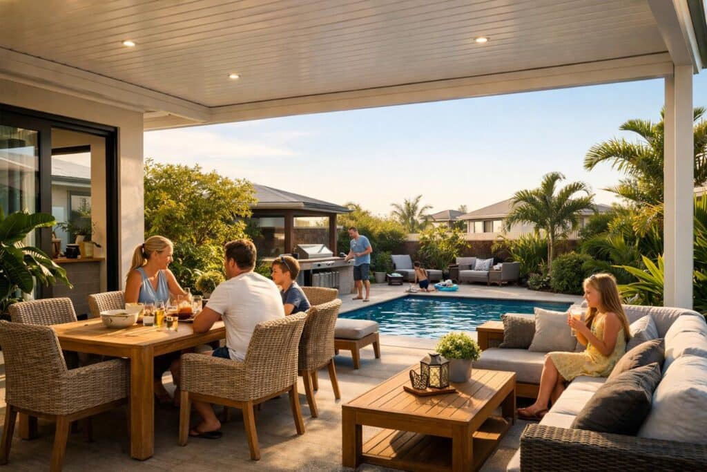 Modern coastal patio with outdoor dining area and relaxed family atmosphere in a sunny suburban setting.