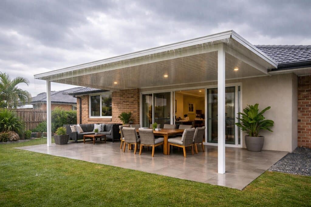 Durable insulated patio protecting outdoor space from rain, showing weather resistance and reliability.