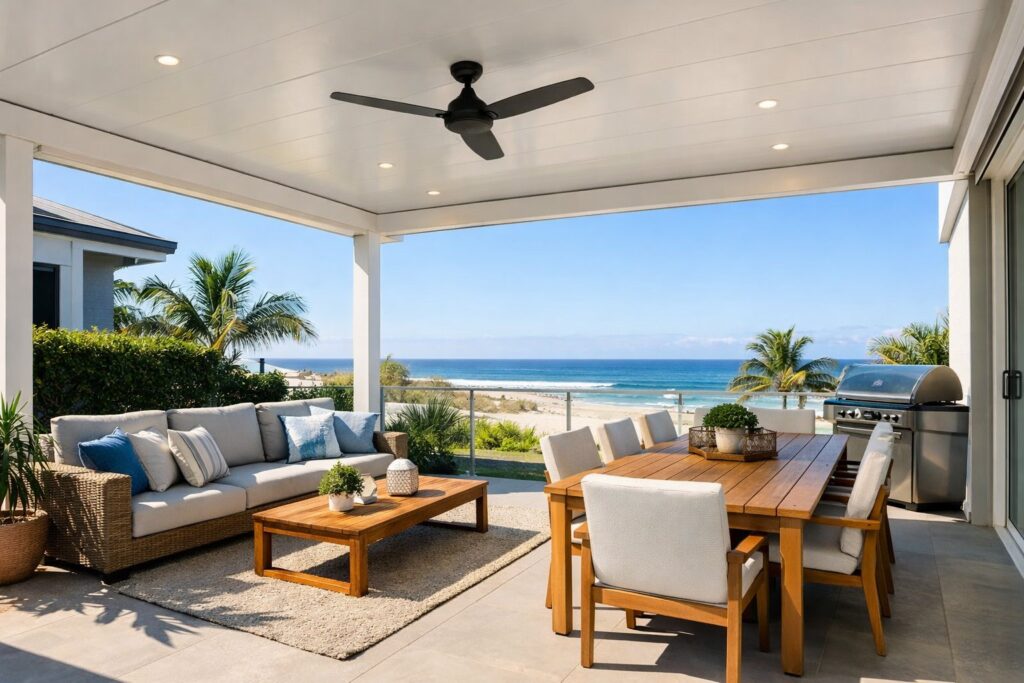 Modern insulated patio at a coastal Southport home with outdoor seating and open, airy design.