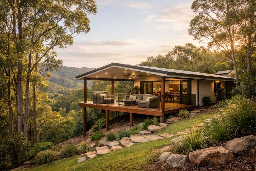 Modern insulated patio built on a sloped block in Tallai, blending seamlessly with surrounding greenery.