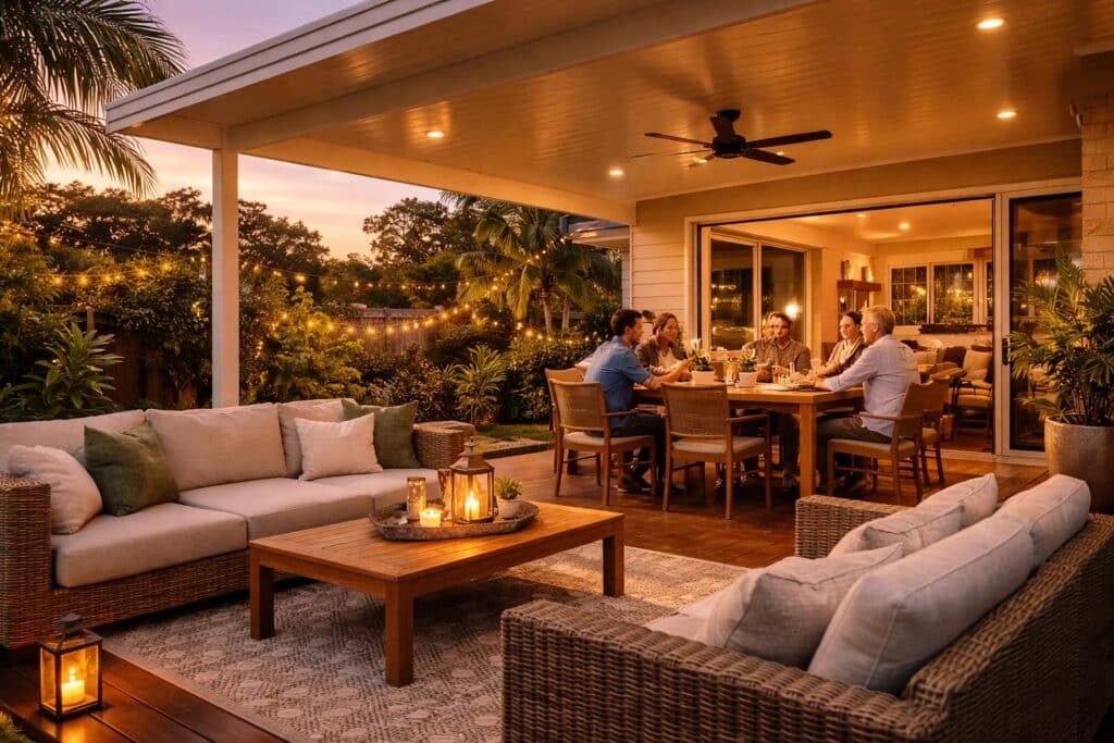 Cozy outdoor patio at sunset with lighting and seating, showing a welcoming space for relaxation and entertaining.